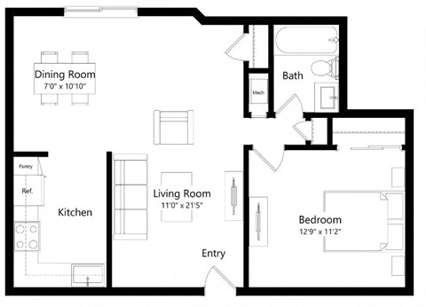Floor plan for 1 bed, 1 bath, 657 sqft
